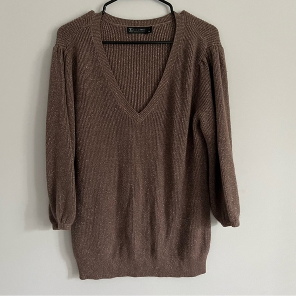 New York & Company Brown Sparkle V Neck Balloon Sleeve Knit Sweater